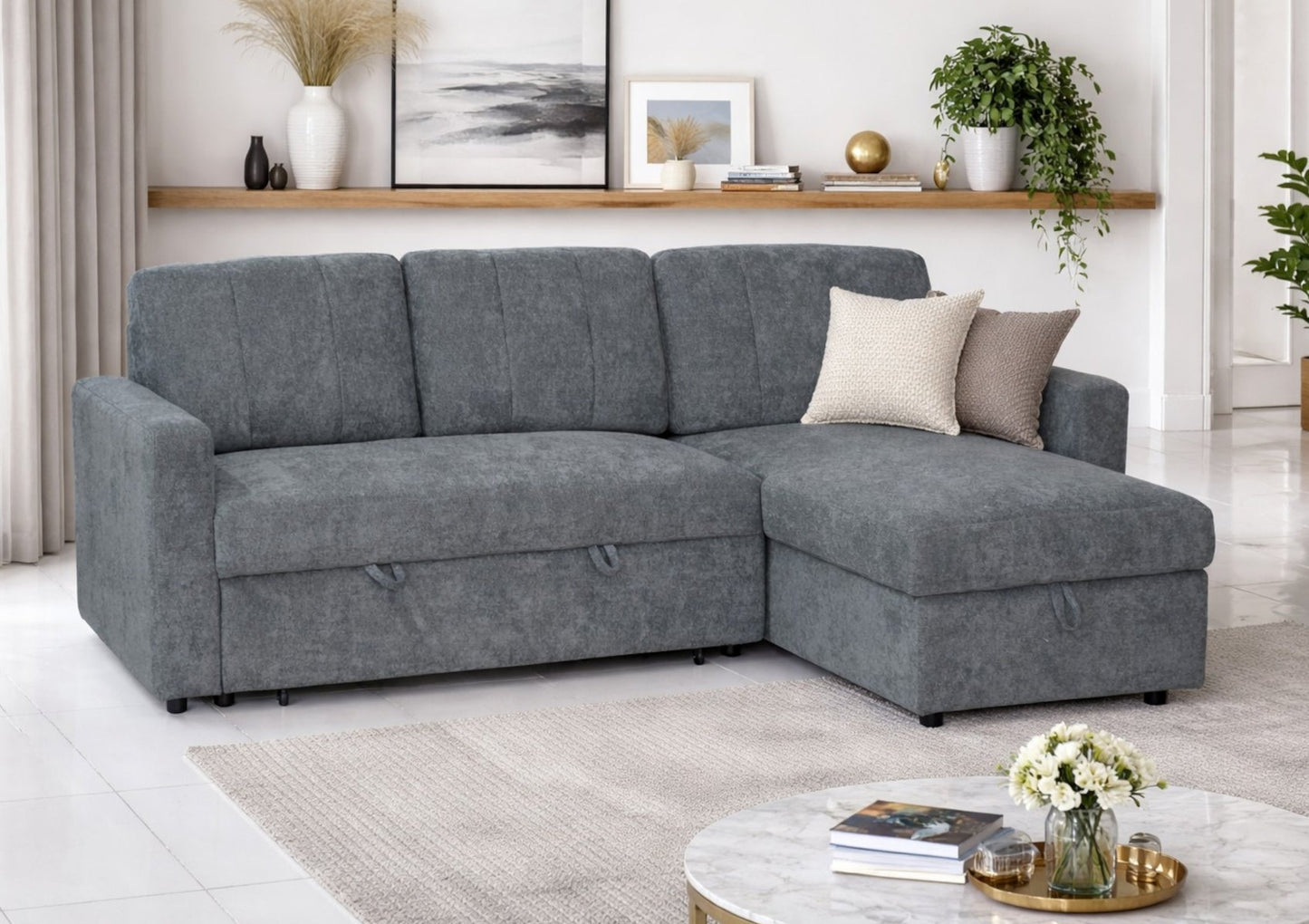 Nexis Charcoal Upholstered Storage Corner Sofa Bed Furniture Aspire