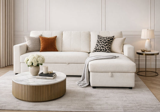 Nexis Natural Upholstered Storage Corner Sofa Bed Furniture Aspire