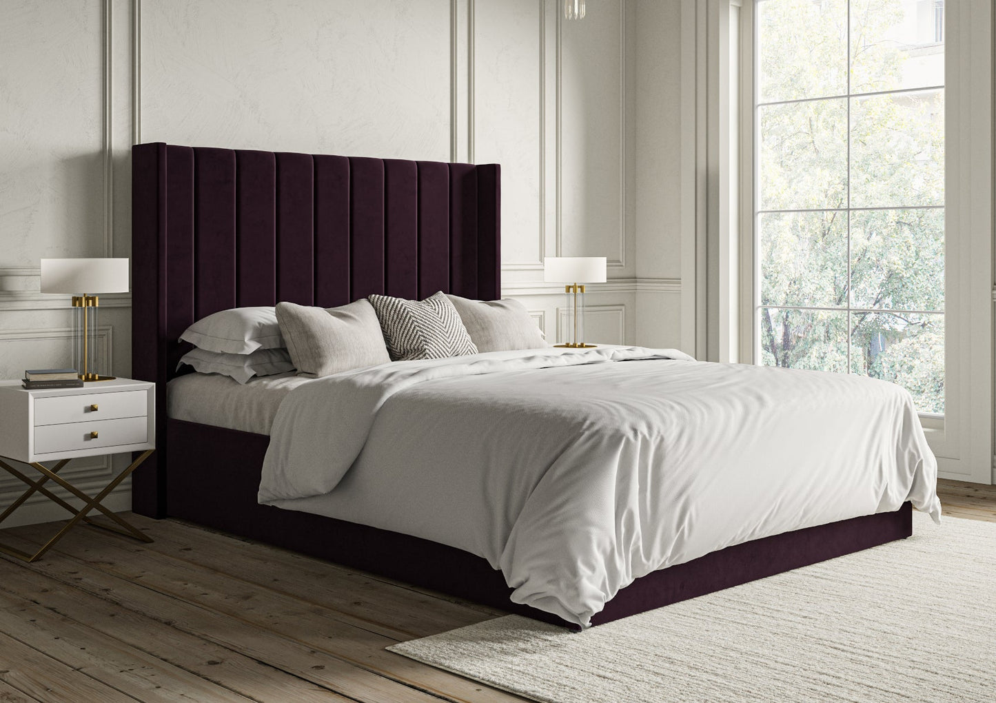 Opulence Winged Grand Hugo Aubergine Upholstered Ottoman Bed Frame Only Bed Time4Sleep Manufacturing Single