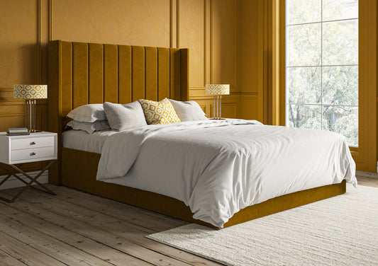 Opulence Winged Grand Hugo Saffron Upholstered Ottoman Bed Frame Only - Bed - Time4Sleep