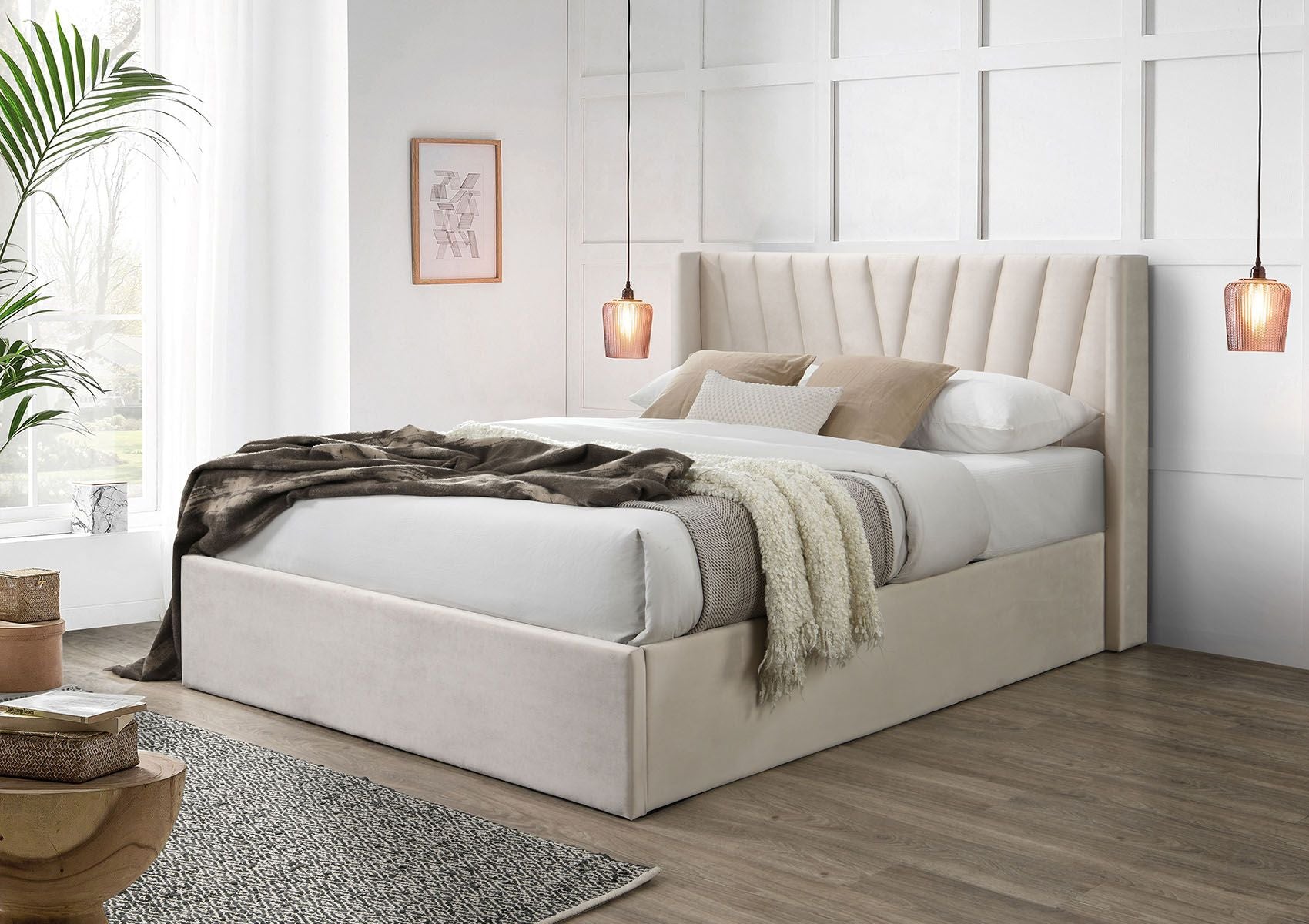 Salerno Beige Winged Upholstered Ottoman Bed Frame