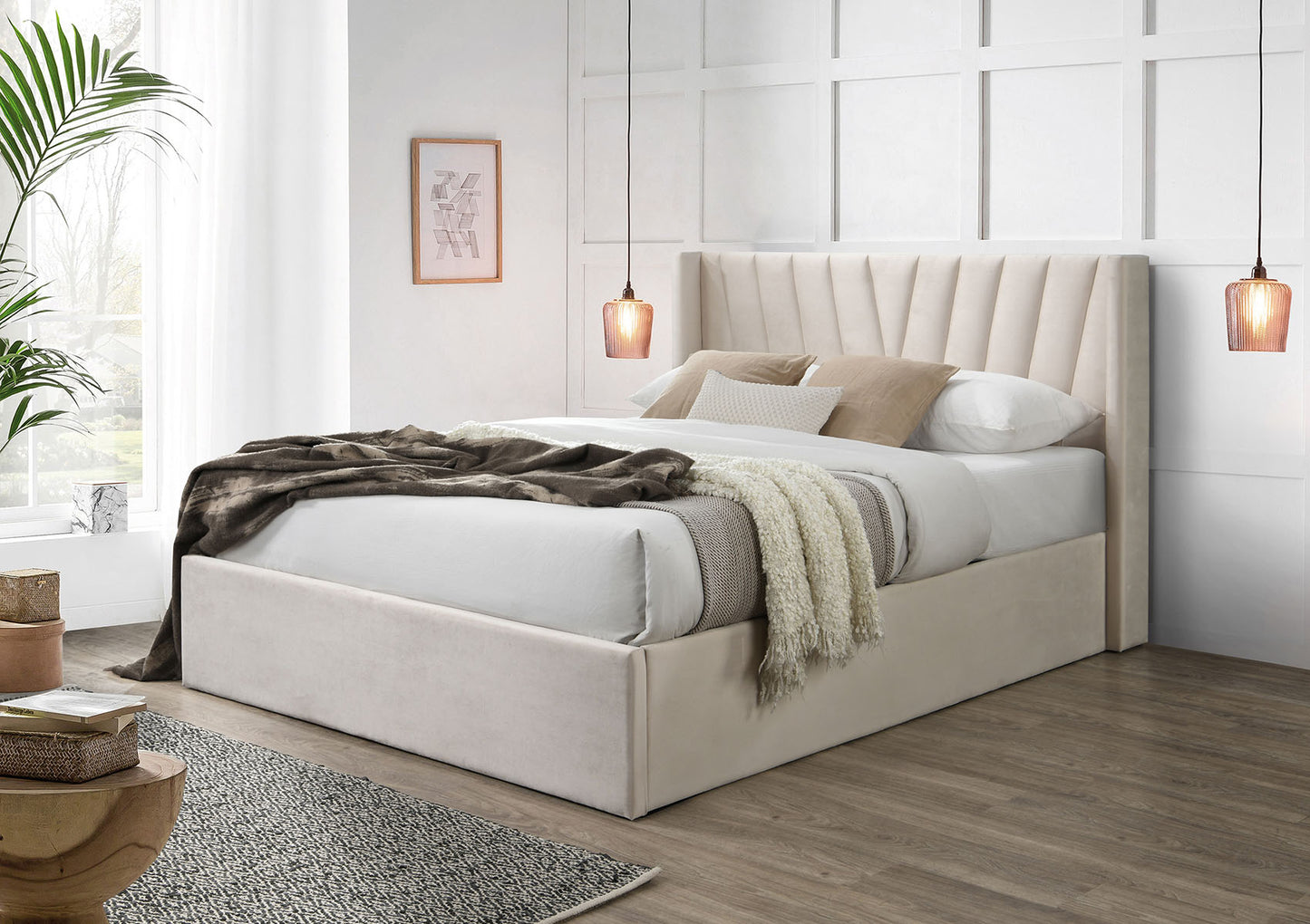 Salerno Beige Winged Upholstered Ottoman Bed Frame Bed time4sleepadmin King