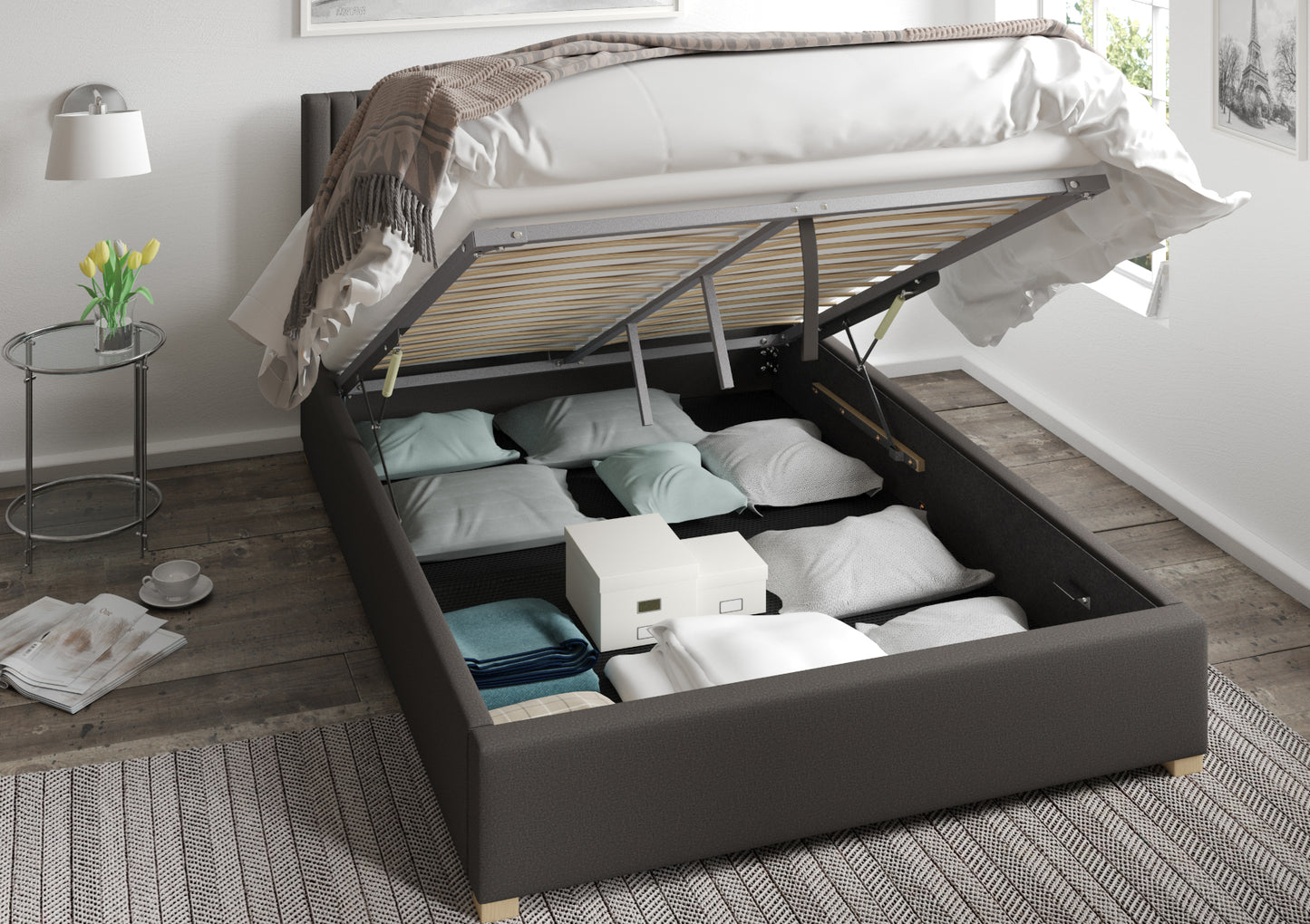 Levisham Ottoman Charcoal Saxon Twill Bed Frame Only Bed time4sleepadmin