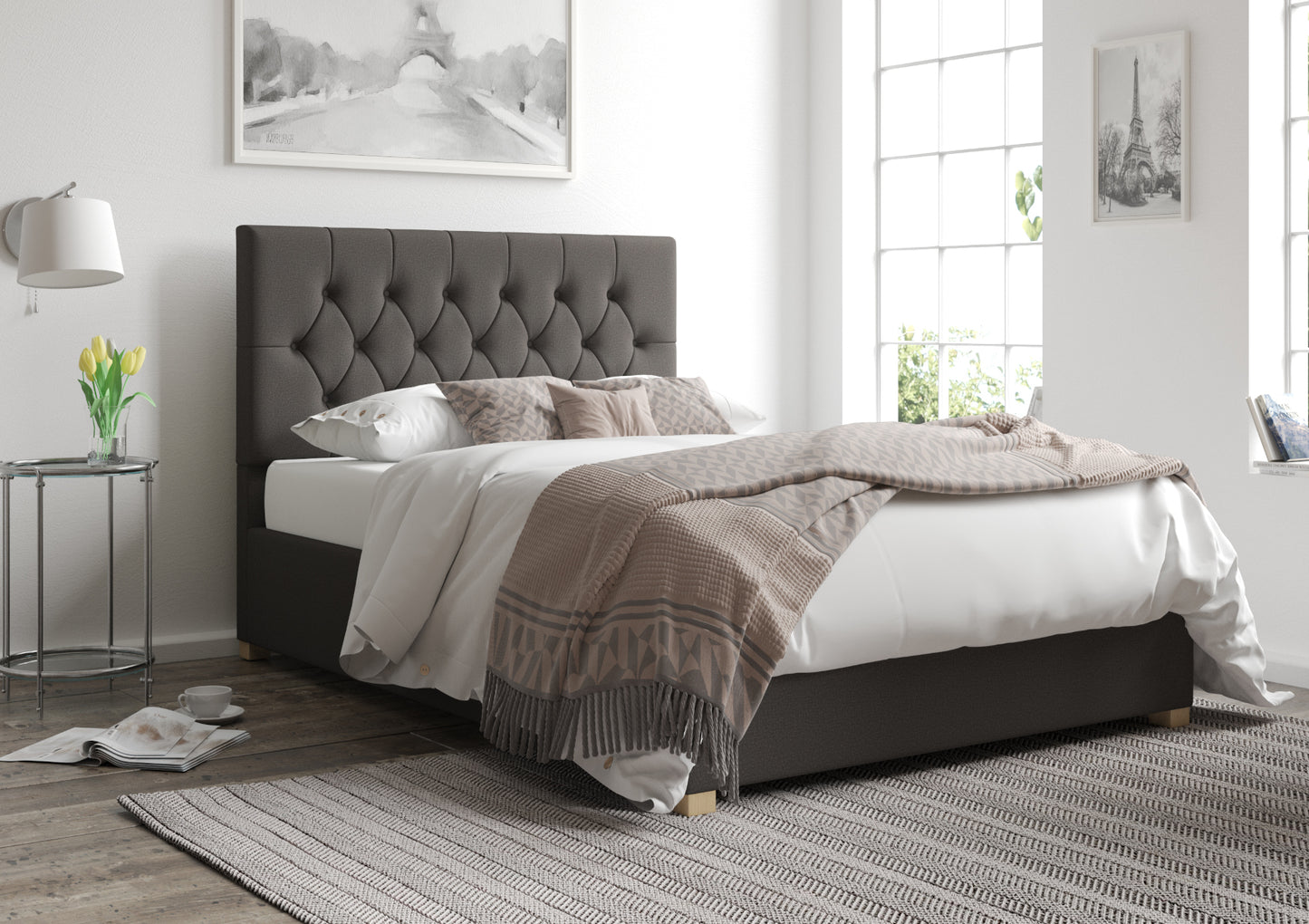 York Ottoman Charcoal Saxon Twill Bed Frame Only Bed time4sleepadmin