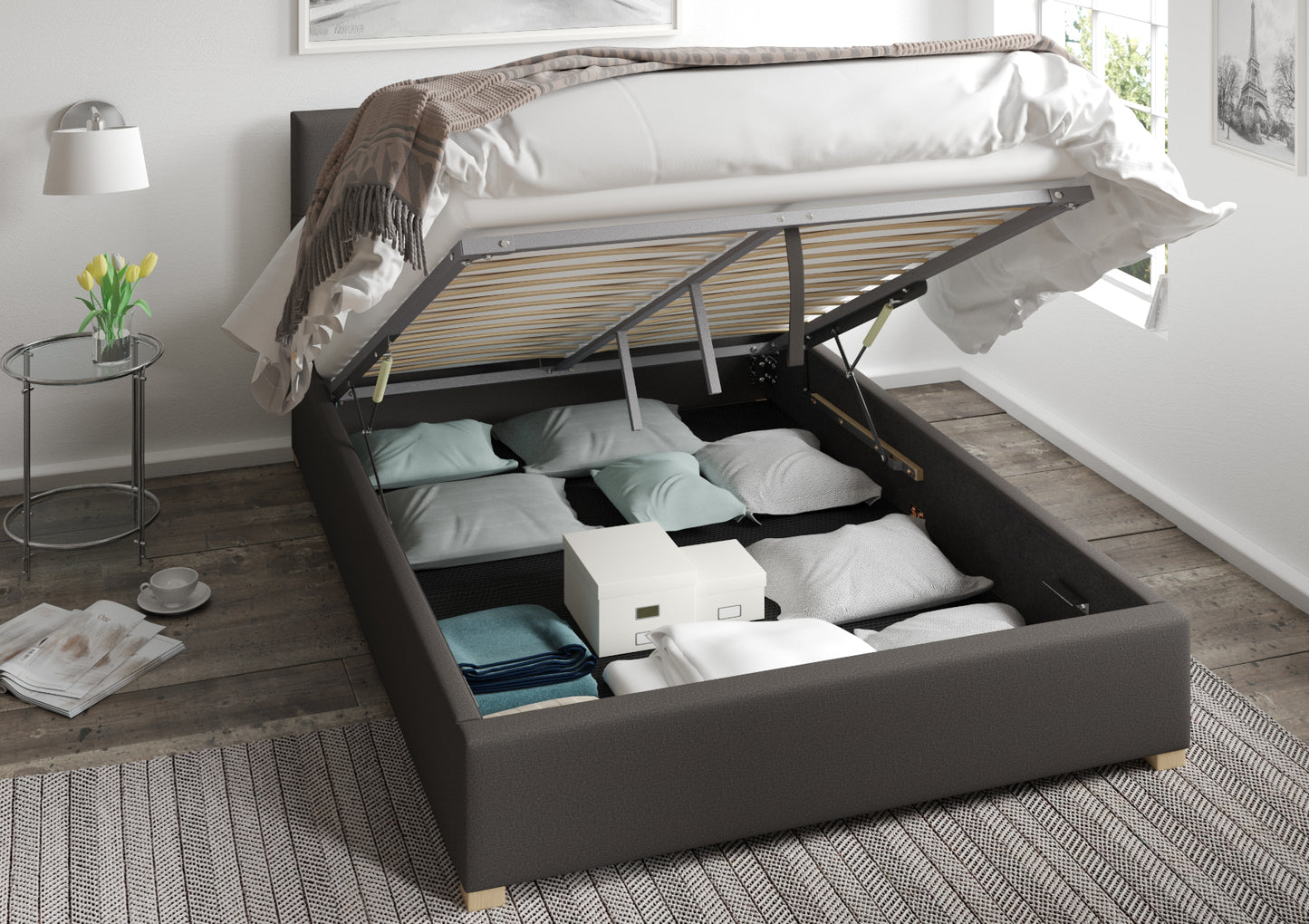 York Ottoman Charcoal Saxon Twill Bed Frame Only Bed time4sleepadmin