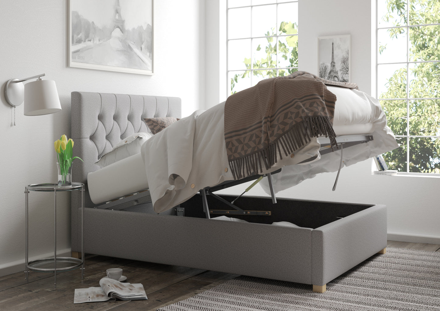York Ottoman Grey Saxon Twill Bed Frame Only Bed time4sleepadmin Compact Double