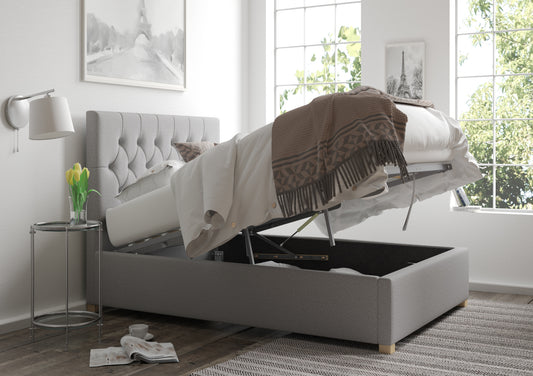 York Ottoman Grey Saxon Twill Bed Frame Only Bed time4sleepadmin