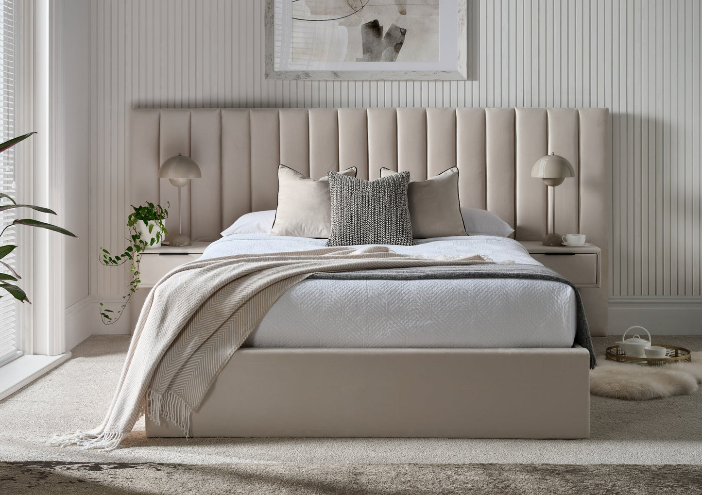 Serenity Upholstered Beige Ottoman Hotel Bed Frame Bed Ritz Panel Double