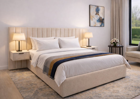 Serenity Upholstered Beige Ottoman Hotel Bed Frame Bed Ritz Panel Double