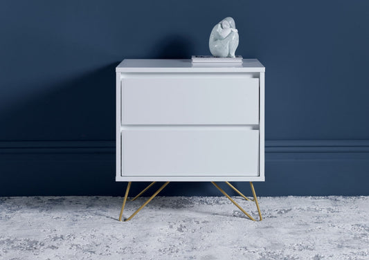 Sofia 2 Drawer White Bedside With Brass Steel Feet Furniture Time4Sleep
