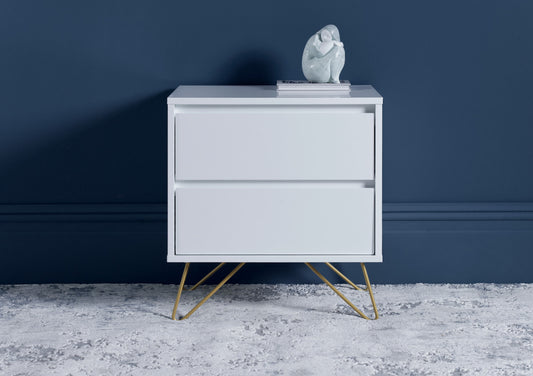 PLATFORM Pair Sofia 2 Drawer White Bedside With Brass Steel Feet Furniture time4sleepadmin