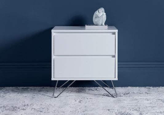 Sofia 2 Drawer White Bedside With Stainless Steel Feet Furniture time4sleepadmin