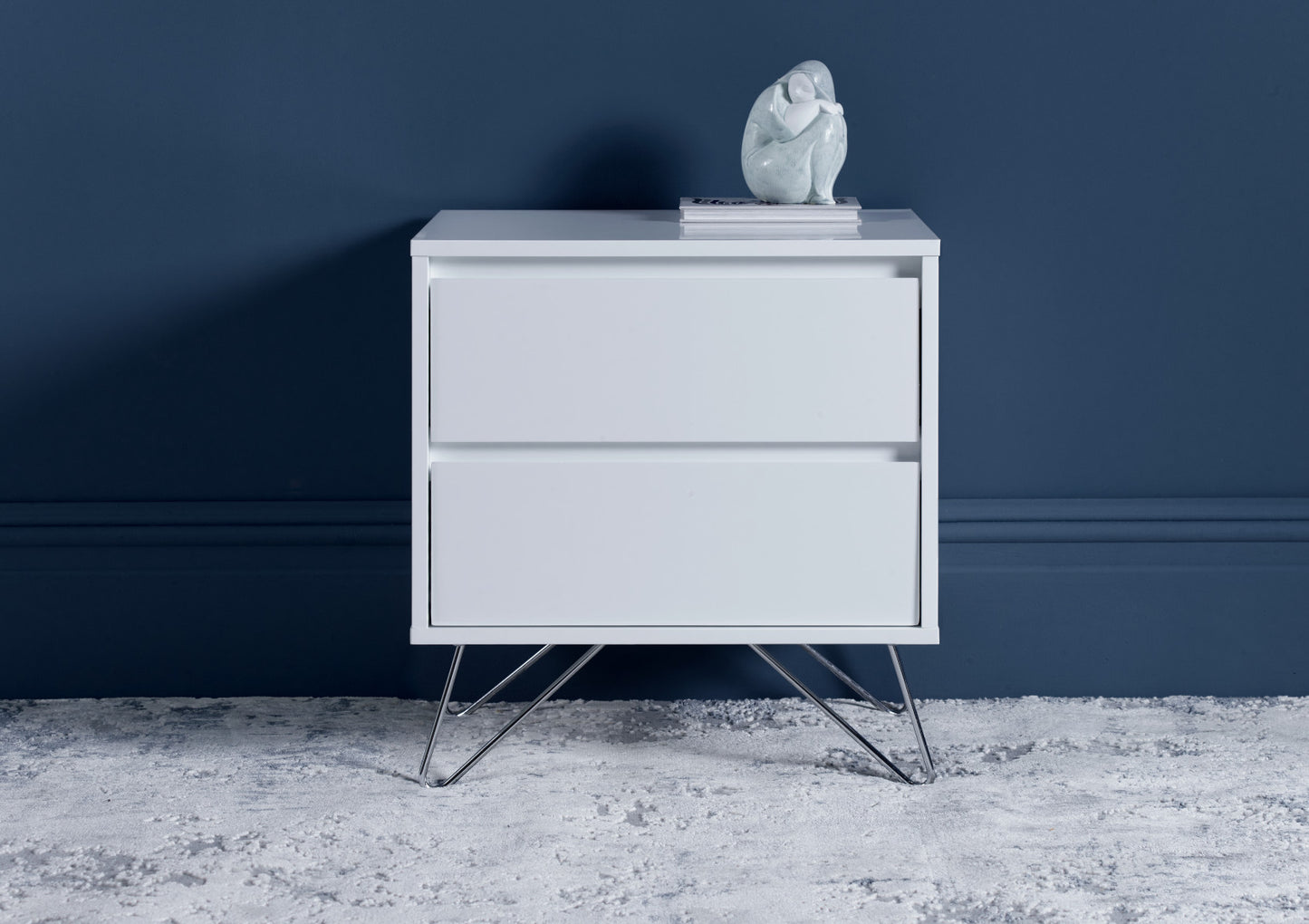 PLATFORM Pair Sofia 2 Drawer White Bedside With Stainless Steel Feet Furniture time4sleepadmin