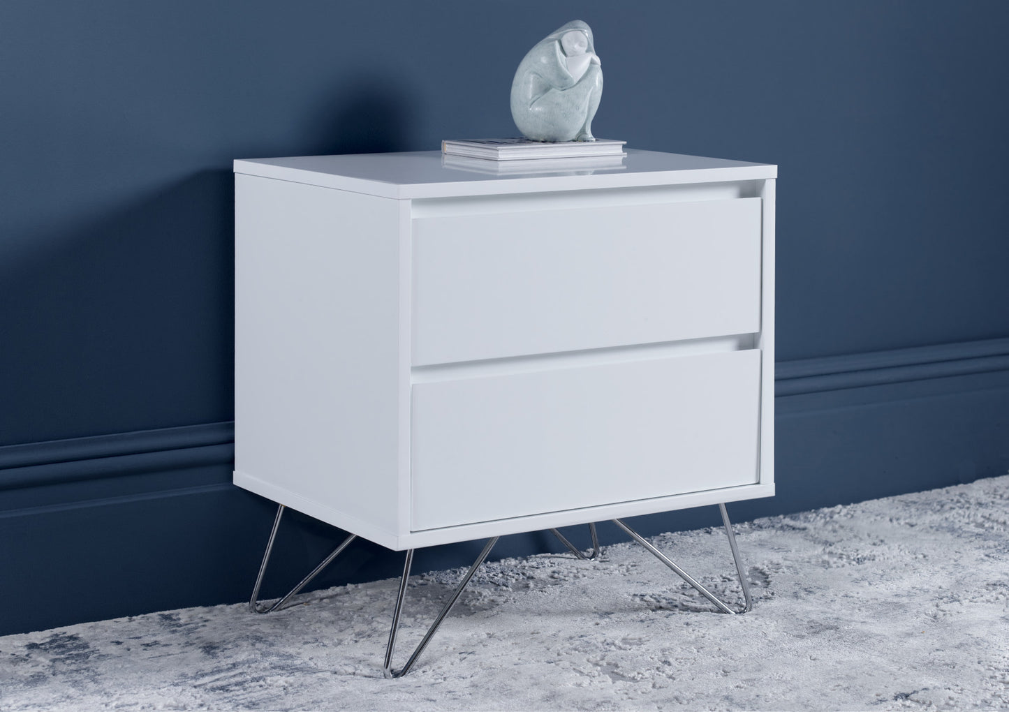 PLATFORM Pair Sofia 2 Drawer White Bedside With Stainless Steel Feet Furniture time4sleepadmin
