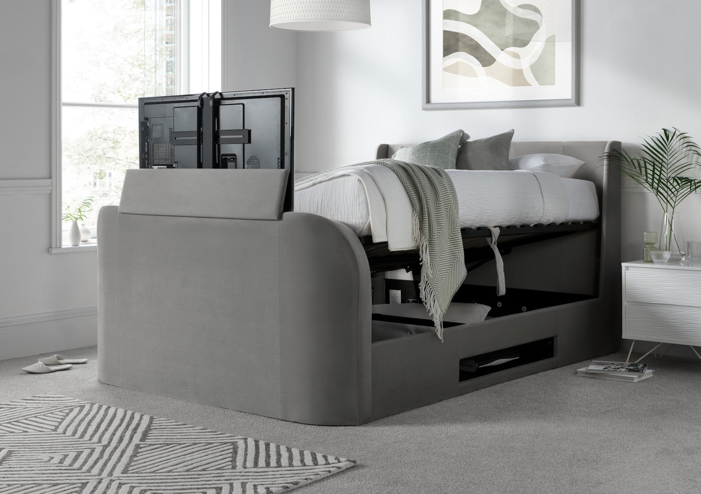 Vancouver Winged Upholstered Ottoman TV Bed Grey Velvet Frame Only Bed time4sleepadmin