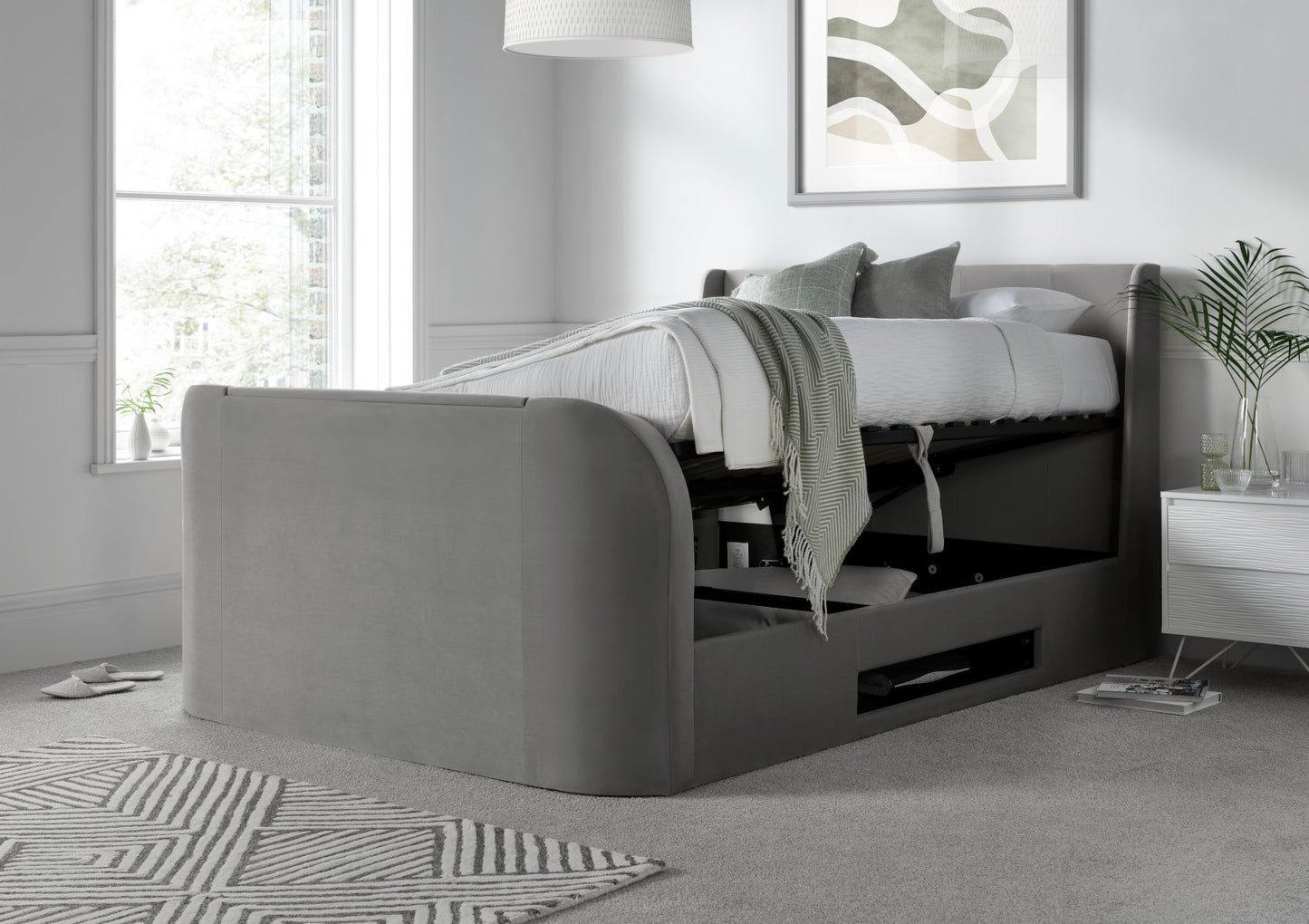 Vancouver Winged Upholstered Ottoman TV Bed Grey Velvet Frame Only Bed time4sleepadmin