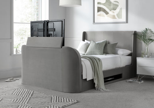 Vancouver Winged Upholstered Ottoman TV Bed Grey Velvet Frame Only Bed time4sleepadmin