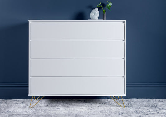Sofia 4 Drawer White Chest With Brass Steel Feet Furniture time4sleepadmin