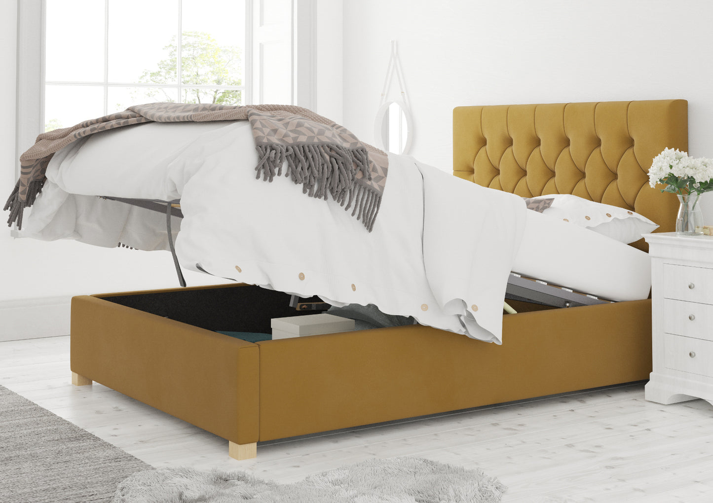 York Ottoman Plush Velvet Ochre Bed Frame Only Bed time4sleepadmin Compact Double