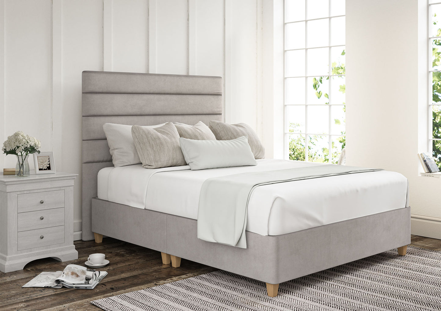 Zodiac Upholstered Headboard and Shallow Base On Legs Bed time4sleepadmin Single Plush Silver