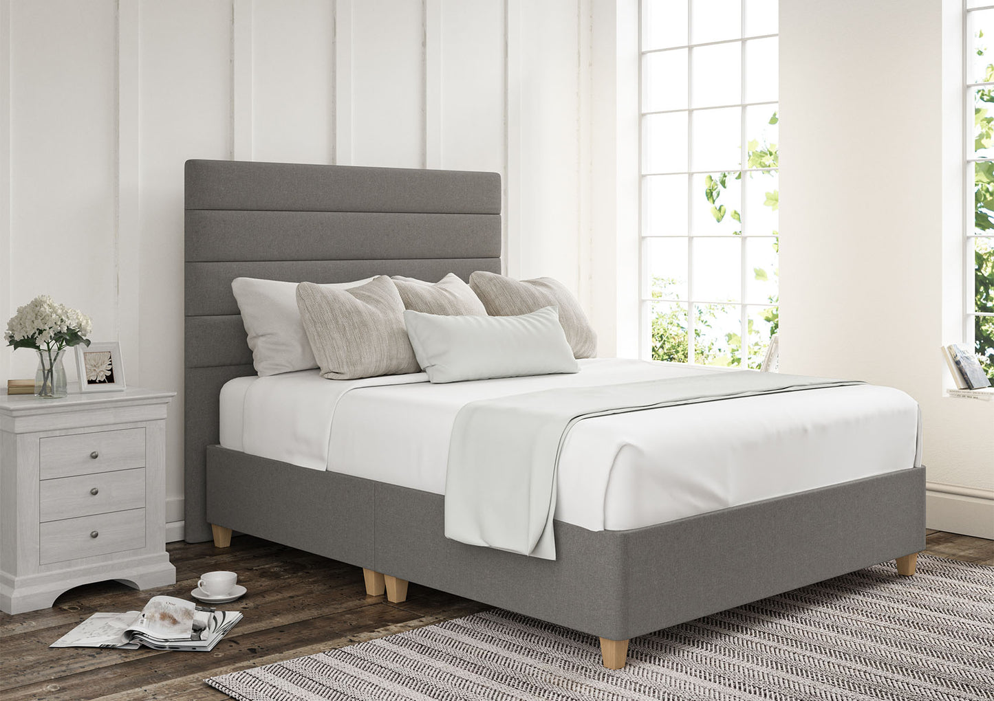 Zodiac Upholstered Headboard and Shallow Base On Legs Bed time4sleepadmin Single Siera Silver