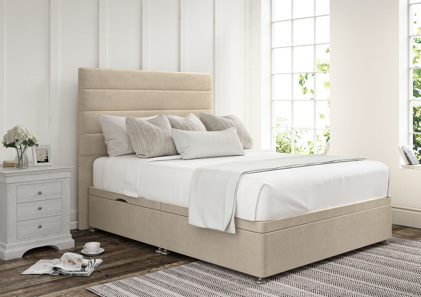 Zodiac Upholstered Headboard and Ottoman Base Bed time4sleepadmin Double Side Ottoman Storage Naples Cream