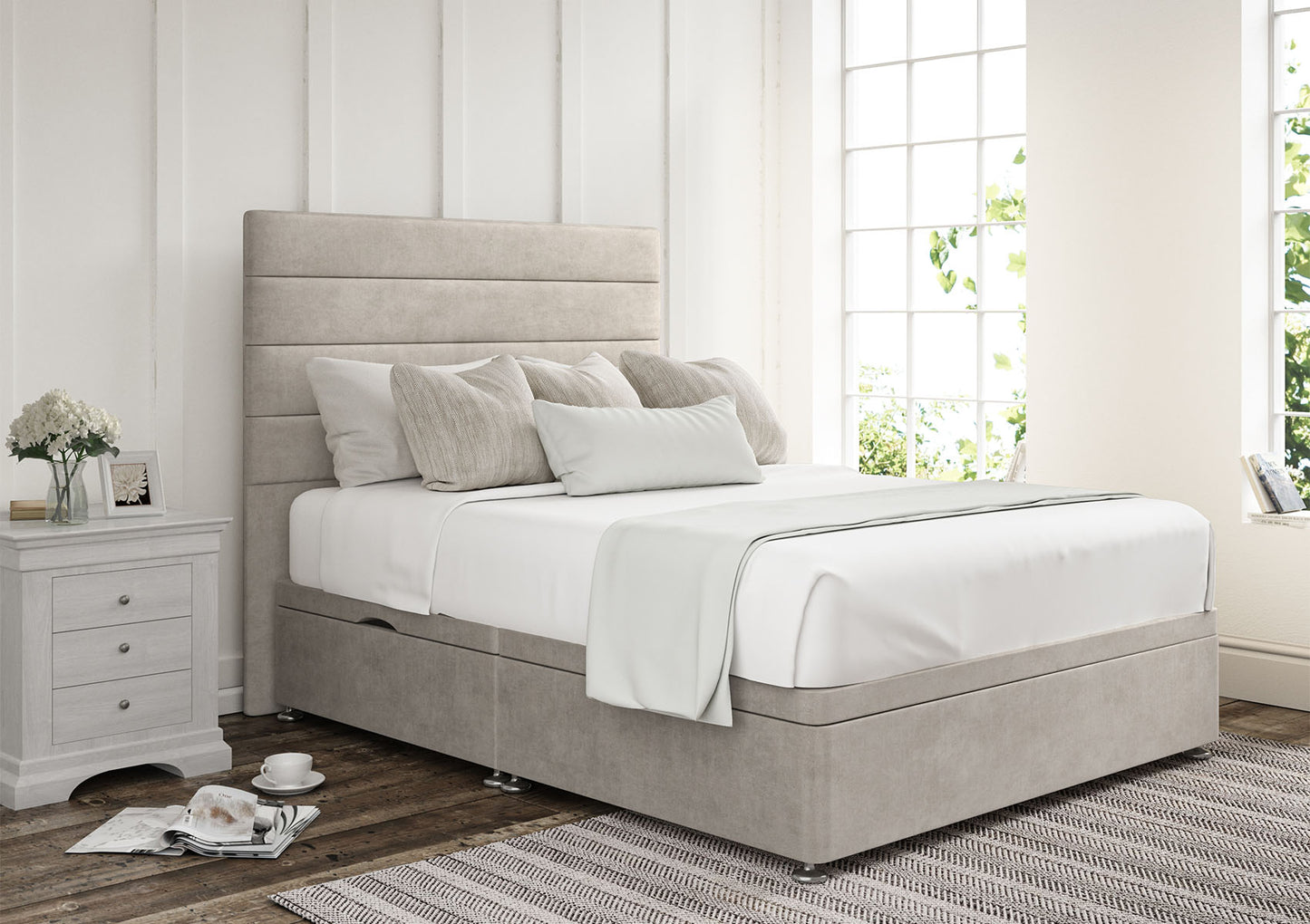 Zodiac Upholstered Headboard and Ottoman Base Bed time4sleepadmin Double Side Ottoman Storage Verona Silver