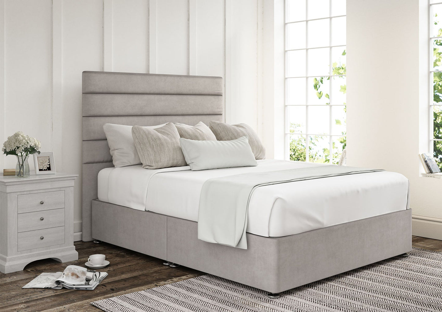 Zodiac Upholstered Headboard and Divan Base Bed Time4Sleep Compact Double Non-Storage Plush Silver
