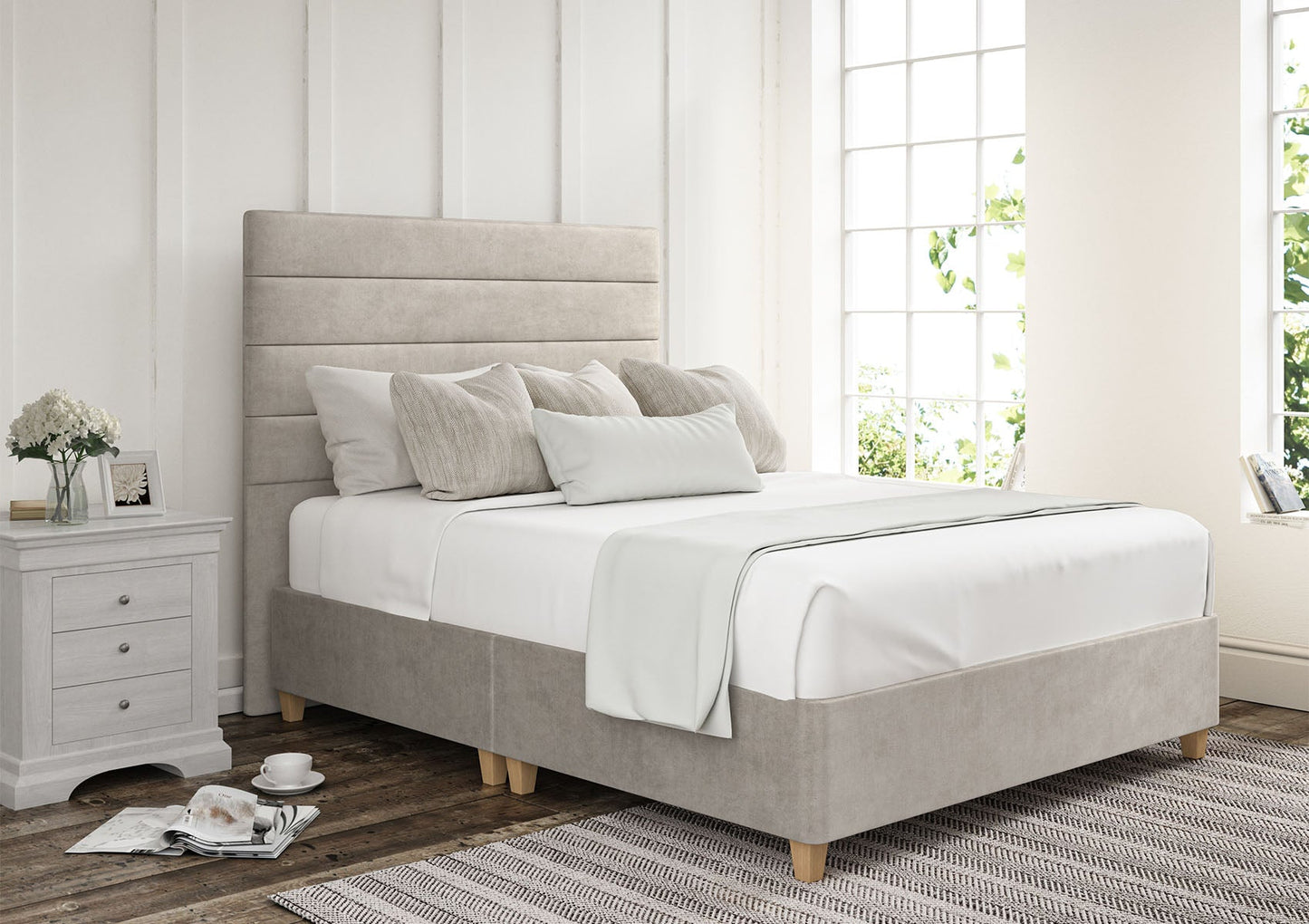 Zodiac Upholstered Headboard and Shallow Base On Legs Bed Time4Sleep Double Verona Silver