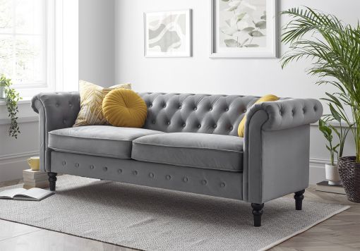 Chesterfield Grey Velvet 3 Seater Sofa