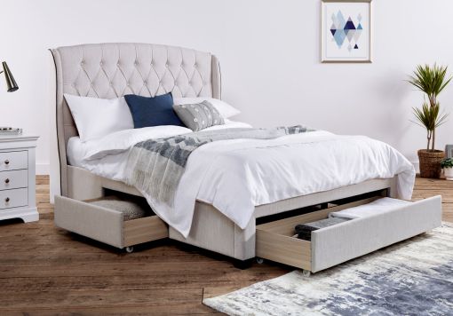 Elise Stone Winged Upholstered Drawer Storage Bed Frame Only