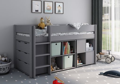 Estella Grey Mid Sleeper Bed Frame With Cube, Desk & Chest