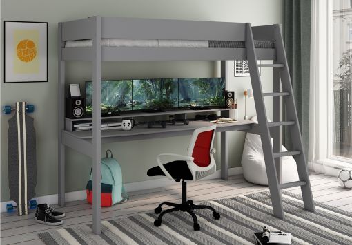 Estella Grey High Sleeper Bed Frame With Gaming Desk