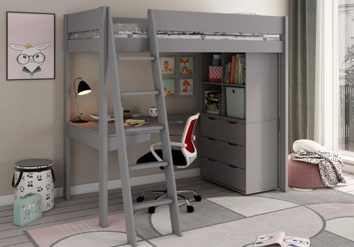 Estella Grey High Sleeper Bed Frame With Chest, Cube & Corner Desk