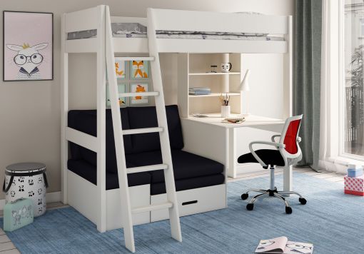Estella White High Sleeper Bed Frame With Desk & Black Futon