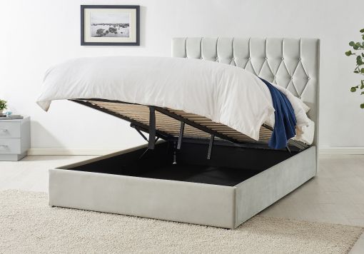 Waldorf Silver Grey Velvet Upholstered Ottoman Storage Bed Frame