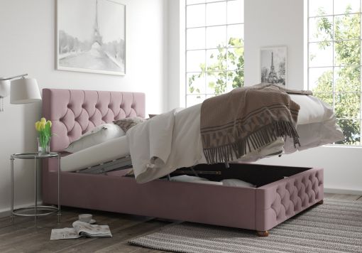 Rimini Ottoman Plush Velvet Blush Bed Frame Only