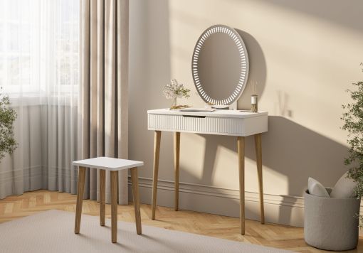 Oslo 1 Drawer White Dressing Table and Stool Including Mirror - Oak Finish Legs