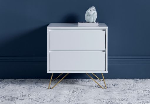 Sofia 2 Drawer White Bedside With Stainless Steel Feet