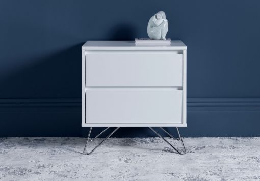 Sofia 2 Drawer White Bedside With Stainless Steel Feet