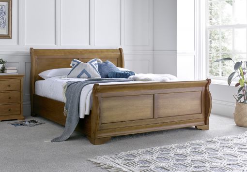 Toulon Wooden Sleigh Bed - Oak Finish - Bed Frame Only