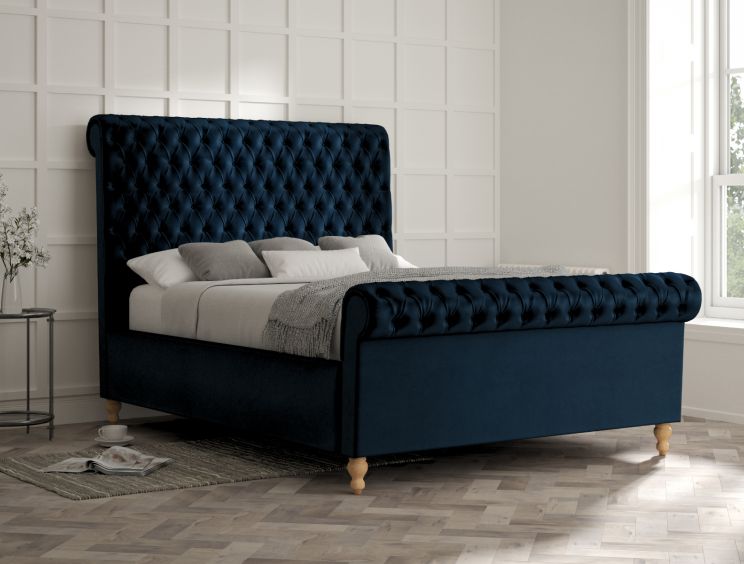 Aldwych Velvet Navy Upholstered King Size Sleigh Bed Only