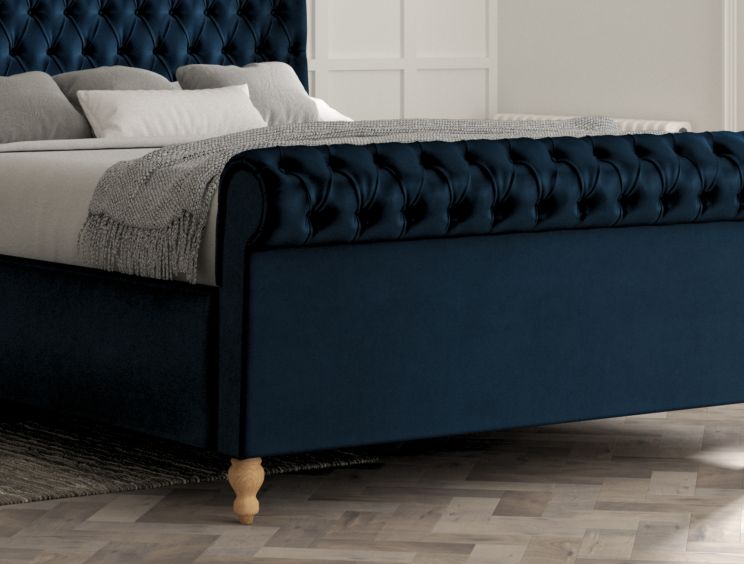 Aldwych Velvet Navy Upholstered King Size Sleigh Bed Only