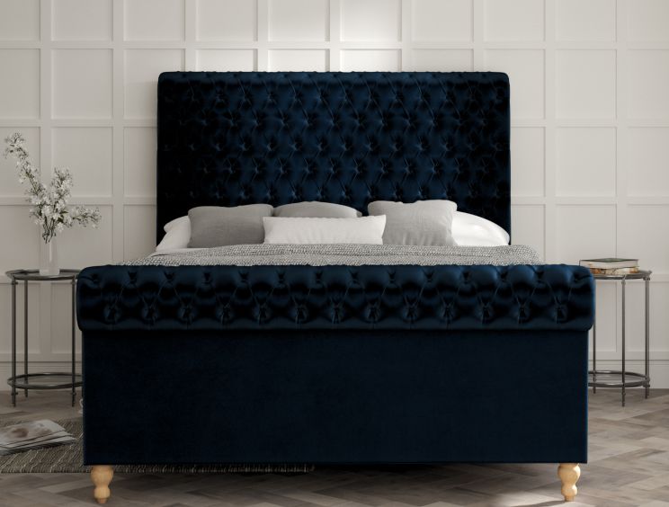 Aldwych Velvet Navy Upholstered King Size Sleigh Bed Only