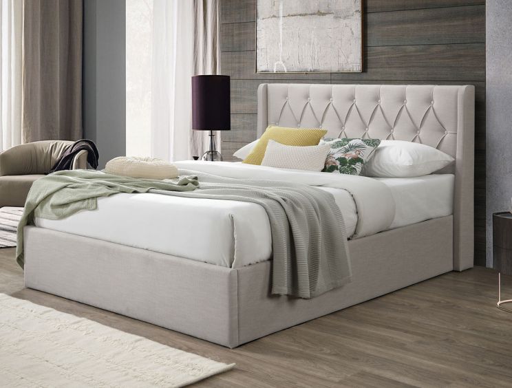 Ancona Oat Winged Upholstered Ottoman Double Bed Frame
