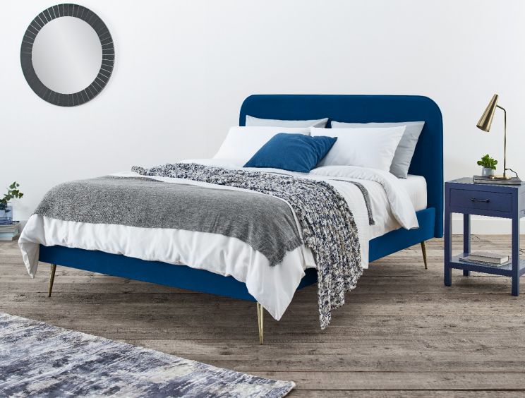 Elona Navy Blue Velvet Upholstered Bed, Blue Double Bed Frame