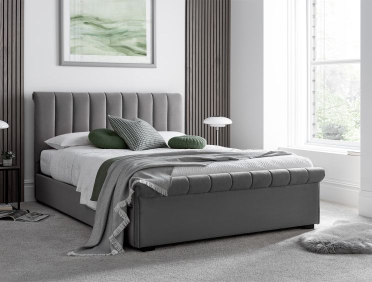 Ascot Grey Upholstered Sleigh Ottoman - Double Bed Frame Only