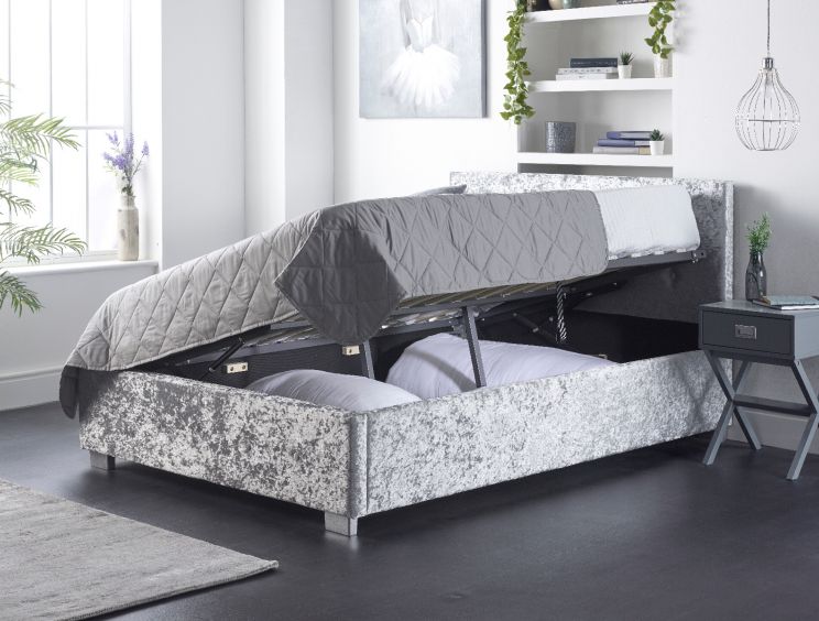 Essentials Upholstered Ottoman Silver Crush King Size Bed Frame