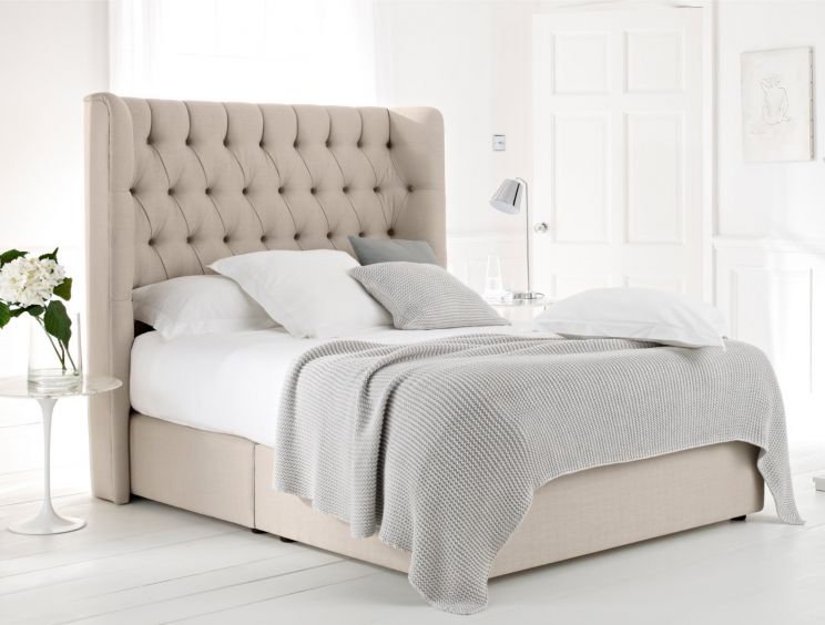 Bed Centre Premier Divan Base with 2 Drawers and Matching Headboard 3FT Single, Linen Grey Available in Multiple Fabrics and Colours 