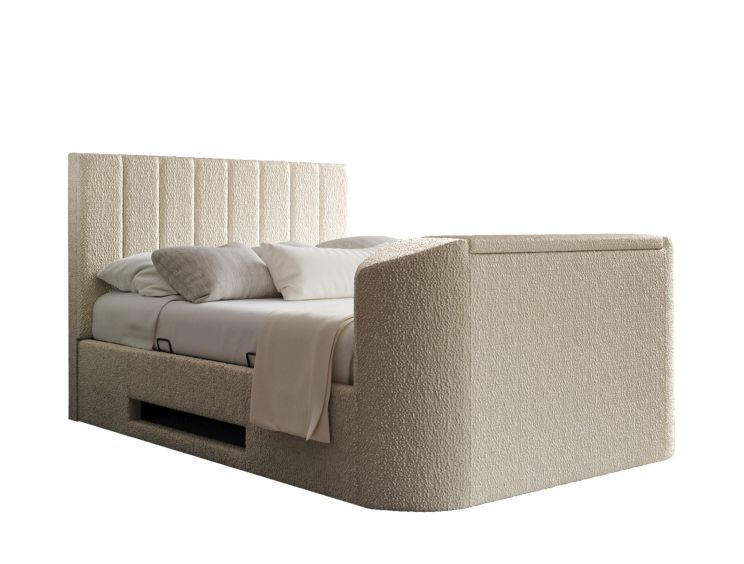 Berkley Upholstered Boucle Ivory Ottoman TV Bed - King Size Bed Frame Only